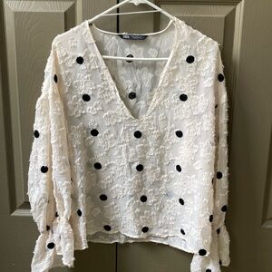 Zara Cream and Black Polka Dot Women's Top